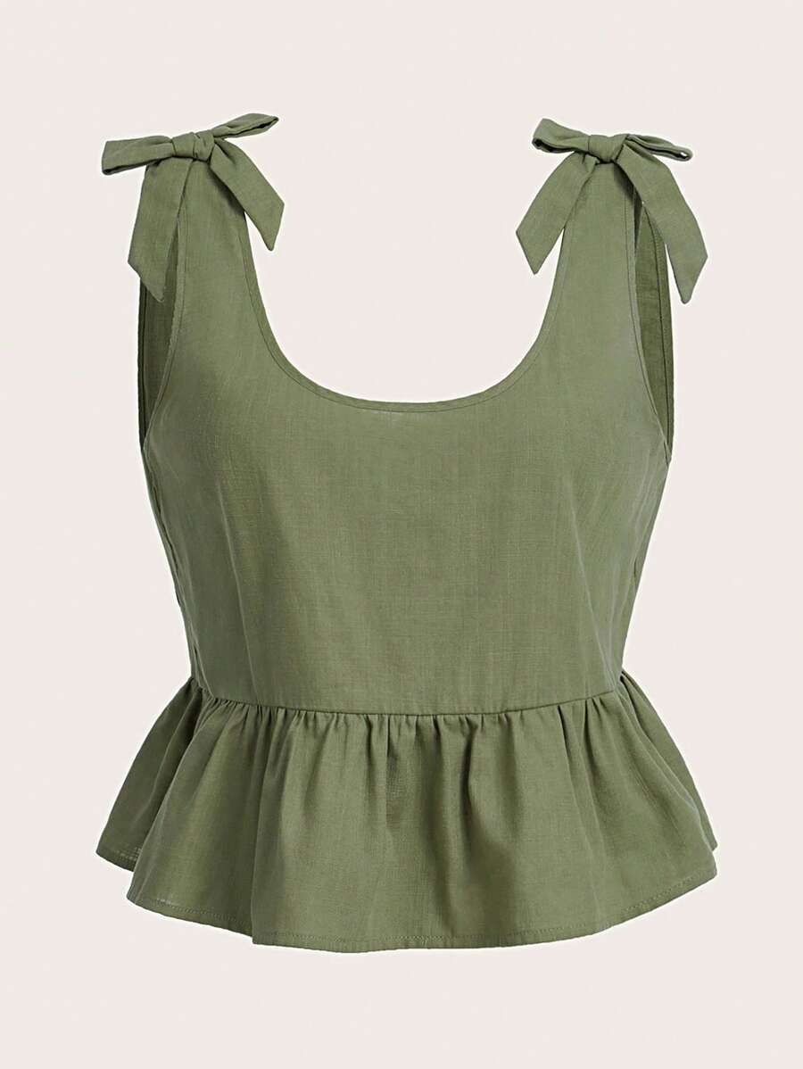 Soleia Tie Shoulder Ruffle Hem Tank Top - Army Green - View 1
