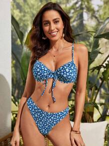 Ditsy Floral Print Drawstring Bikini Set - Blue - View 4