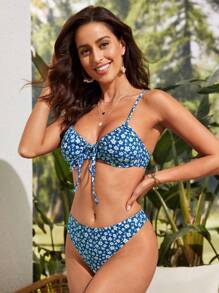 Ditsy Floral Print Drawstring Bikini Set - Blue - View 6