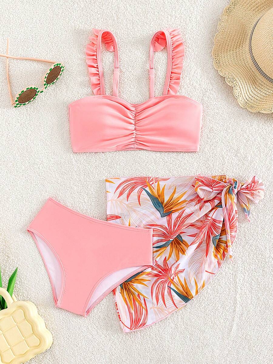 Tween Girl Tropical Print Ruffle Trim Bikini Set With Beach Skirt Summer Beach - Coral Pink - View 1