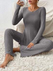 SHEIN Essnce Split Hem Tee & Flare Leg Trousers - Dark Grey - View 4