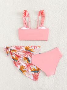 Tween Girl Tropical Print Ruffle Trim Bikini Set With Beach Skirt Summer Beach - Coral Pink - View 3
