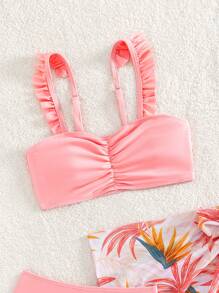 Tween Girl Tropical Print Ruffle Trim Bikini Set With Beach Skirt Summer Beach - Coral Pink - View 4