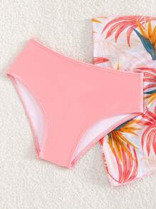 Tween Girl Tropical Print Ruffle Trim Bikini Set With Beach Skirt Summer Beach - Coral Pink - View 5