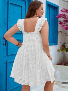 SHEIN VCAY Đầm Plus Size viền lá sen Xù màu trơn Dễ thương - trắng - Xem 2