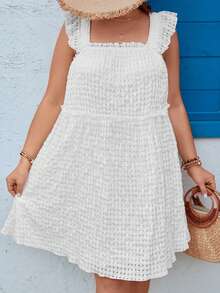 SHEIN VCAY Đầm Plus Size viền lá sen Xù màu trơn Dễ thương - trắng - Xem 3