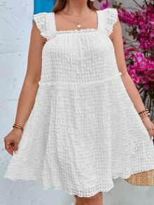 SHEIN VCAY Đầm Plus Size viền lá sen Xù màu trơn Dễ thương - trắng - Xem 4