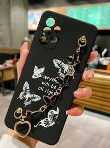 Compatible With IPhone 16 Cell Phone Lanyards Black Tpu Anti-Fall Phone Case With Electroplated Butterfly Pattern & A Black Butterfly Bracelet Waterproof Shockproof Scratch Resistant
