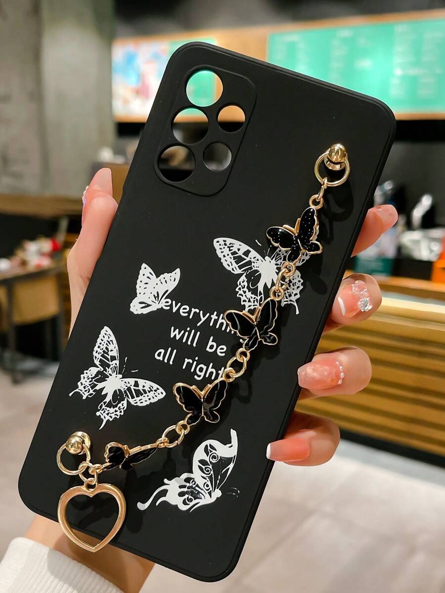 Compatible With IPhone 16 Cell Phone Lanyards Black Tpu Anti-Fall Phone Case With Electroplated Butterfly Pattern & A Black Butterfly Bracelet Waterproof Shockproof Scratch Resistant