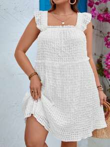 SHEIN VCAY Đầm Plus Size viền lá sen Xù màu trơn Dễ thương - trắng - Xem 5