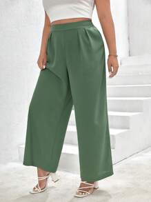 SHEIN Frenchy 大碼高腰拼接細節闊腿褲 - 薄荷綠 - 查看 4