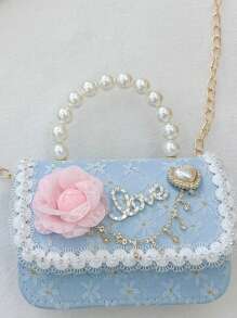 1 Piece Of Princess Crystal Lace Flower Sticky Polyester Hard Shell Material Flip Mini Pearl Handbag Suitable For Daily Dinners And Parties Blue - Blue - View 3