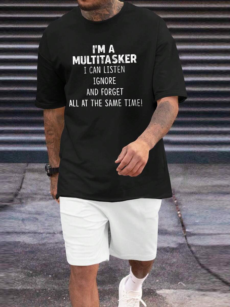 Manfinity Homme Men Plus Slogan Graphic Tee & Shorts - Black and White - View 1