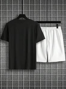 Manfinity Homme Men Plus Slogan Graphic Tee & Shorts - Black and White - View 2