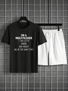 Manfinity Homme Men Plus Slogan Graphic Tee & Shorts - Black and White - View 3