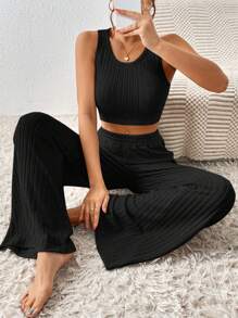 SHEIN Frenchy Solid Crop Tank Top & Wide Leg Trousers - Black - View 3