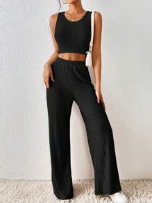 SHEIN Frenchy Solid Crop Tank Top & Wide Leg Trousers - Black - View 5