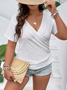 SHEIN Clasi Plus Eyelet Embroidery Wrap Button Side Tee - White - View 2
