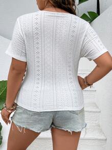 SHEIN Clasi Plus Eyelet Embroidery Wrap Button Side Tee - White - View 3