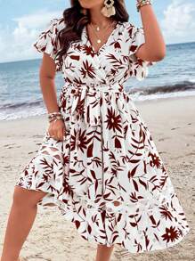 SHEIN Holidaya Plus Floral Print Butterfly Sleeve Ruffle Hem Belted Dress - Multicolor - View 1