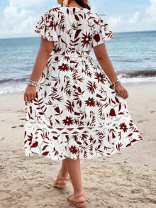 SHEIN Holidaya Plus Floral Print Butterfly Sleeve Ruffle Hem Belted Dress - Multicolor - View 2