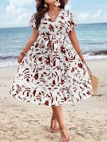 SHEIN Holidaya Plus Floral Print Butterfly Sleeve Ruffle Hem Belted Dress - Multicolor - View 3