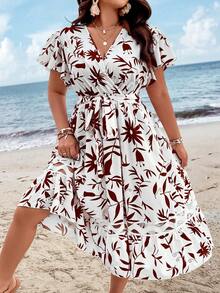 SHEIN Holidaya Plus Floral Print Butterfly Sleeve Ruffle Hem Belted Dress - Multicolor - View 4