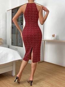 SHEIN Privé Red Allover Heart Print Halter Neck Cami Bodycon Dress