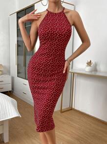 SHEIN Privé Red Allover Heart Print Halter Neck Cami Bodycon Dress
