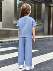 SHEIN 年輕女孩字母修補細節上衣和褲子套裝 - 藍色 - 查看 2