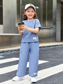 SHEIN 年輕女孩字母修補細節上衣和褲子套裝 - 藍色 - 查看 3