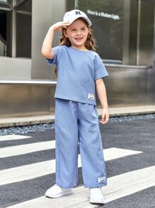 SHEIN 年輕女孩字母修補細節上衣和褲子套裝 - 藍色 - 查看 4