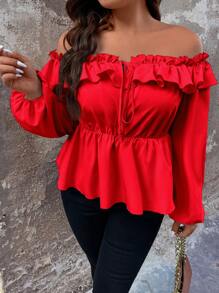Celure Áo sơ mi Plus Size Xù Viên lá sen Thắt nơ trước màu trơn Boho - Đỏ - Xem 3