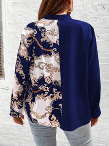 SHEIN LUNE 大碼巴洛克風格圖案前紐扣襯衫 - 藏蓝色 - 查看 2