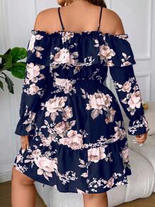 SHEIN LUNE Plus Floral Print Cold Shoulder Flounce Sleeve Knot Front Dress