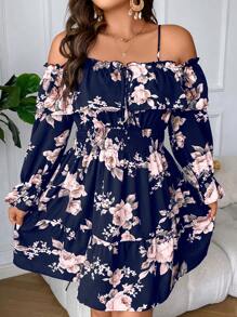 SHEIN LUNE Plus Floral Print Cold Shoulder Flounce Sleeve Knot Front Dress