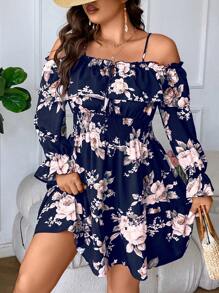 SHEIN LUNE Plus Floral Print Cold Shoulder Flounce Sleeve Knot Front Dress
