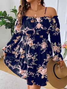 SHEIN LUNE Plus Floral Print Cold Shoulder Flounce Sleeve Knot Front Dress