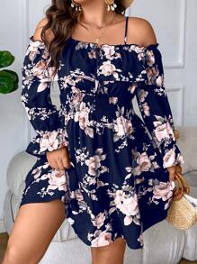 SHEIN LUNE Plus Floral Print Cold Shoulder Flounce Sleeve Knot Front Dress