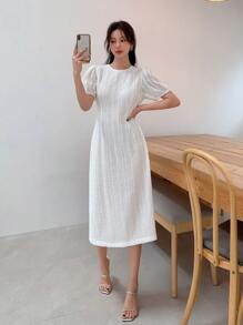 DAZY Solid Puff Sleeve A-line Dress - White - View 2