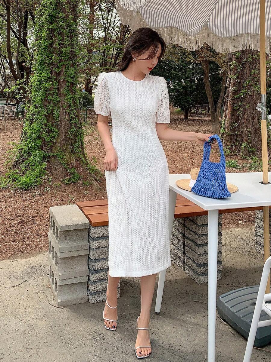 DAZY Solid Puff Sleeve A-line Dress - White - View 1