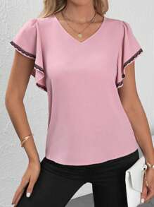 SHEIN Clasi Contrast Lace Trim Butterfly Sleeve Blouse - Dusty Pink - View 3