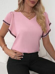 SHEIN Clasi Contrast Lace Trim Butterfly Sleeve Blouse - Dusty Pink - View 4