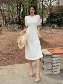 DAZY Solid Puff Sleeve A-line Dress - White - View 7