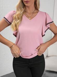 SHEIN Clasi Contrast Lace Trim Butterfly Sleeve Blouse - Dusty Pink - View 5