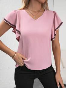 SHEIN Clasi Contrast Lace Trim Butterfly Sleeve Blouse - Dusty Pink - View 6