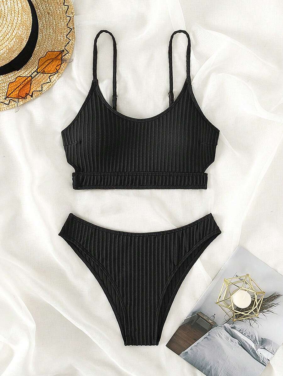 素色鏤空比基尼泳裝 - 黑色 - 查看 1