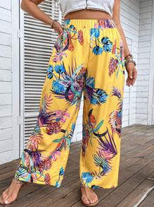 SHEIN Holidaya Pantalones de pierna ancha con estampado tropical - Amarillo - Ver 3