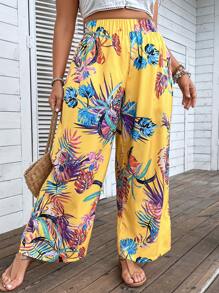 SHEIN Holidaya Pantalones de pierna ancha con estampado tropical - Amarillo - Ver 5