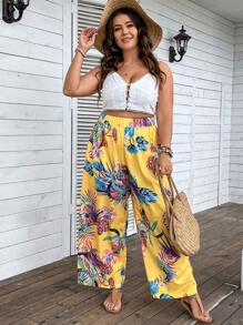 SHEIN Holidaya Pantalones de pierna ancha con estampado tropical - Amarillo - Ver 2